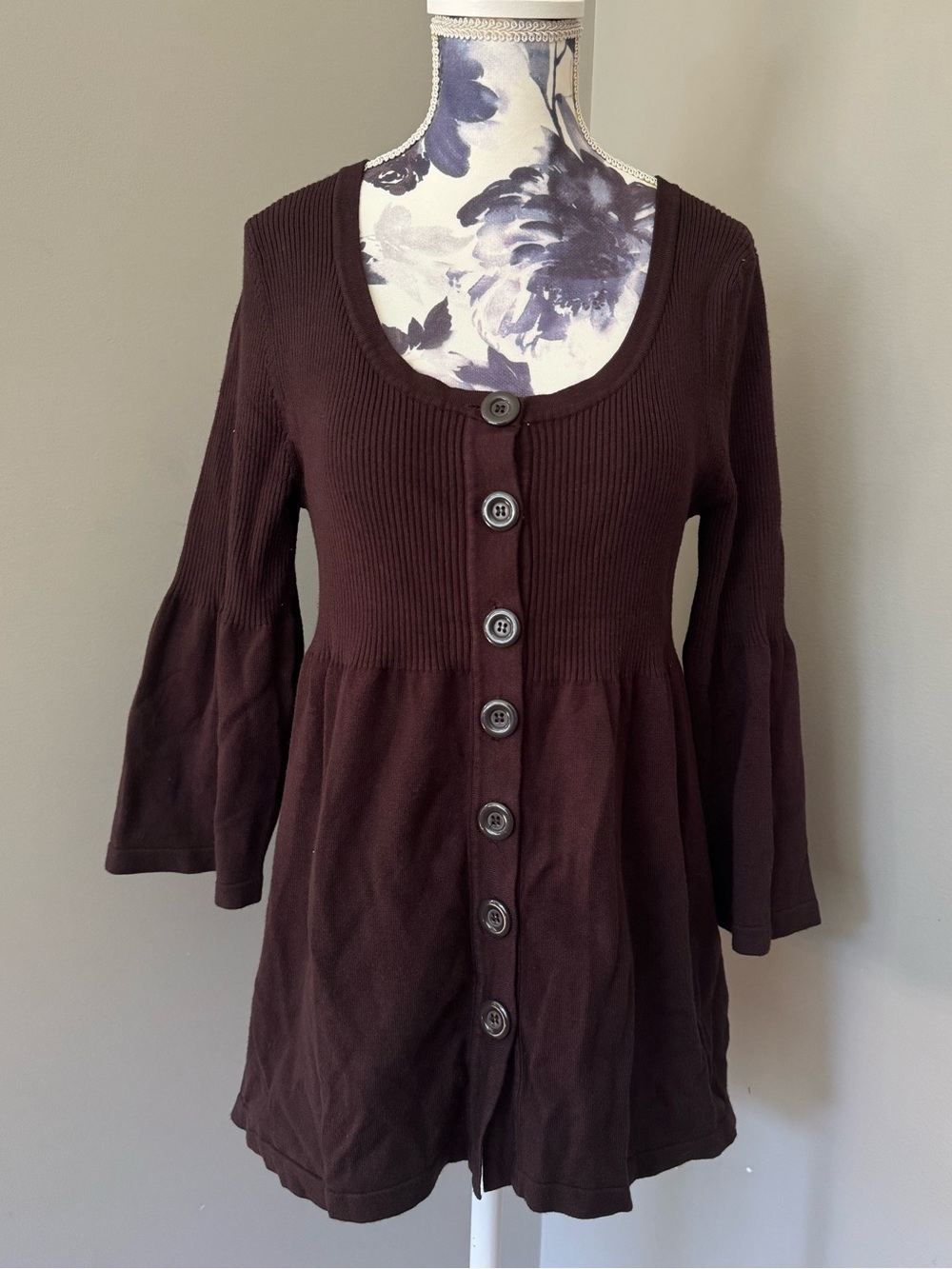 Belldini Scoop Neck Button Front Bell Sleeve Knit Top In Chocolate Brown